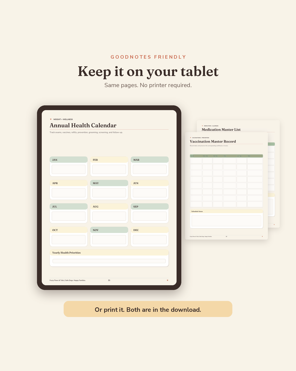 Dog Health & Vaccination Binder open on a tablet in GoodNotes — digital fillable version of this printable dog health record binder