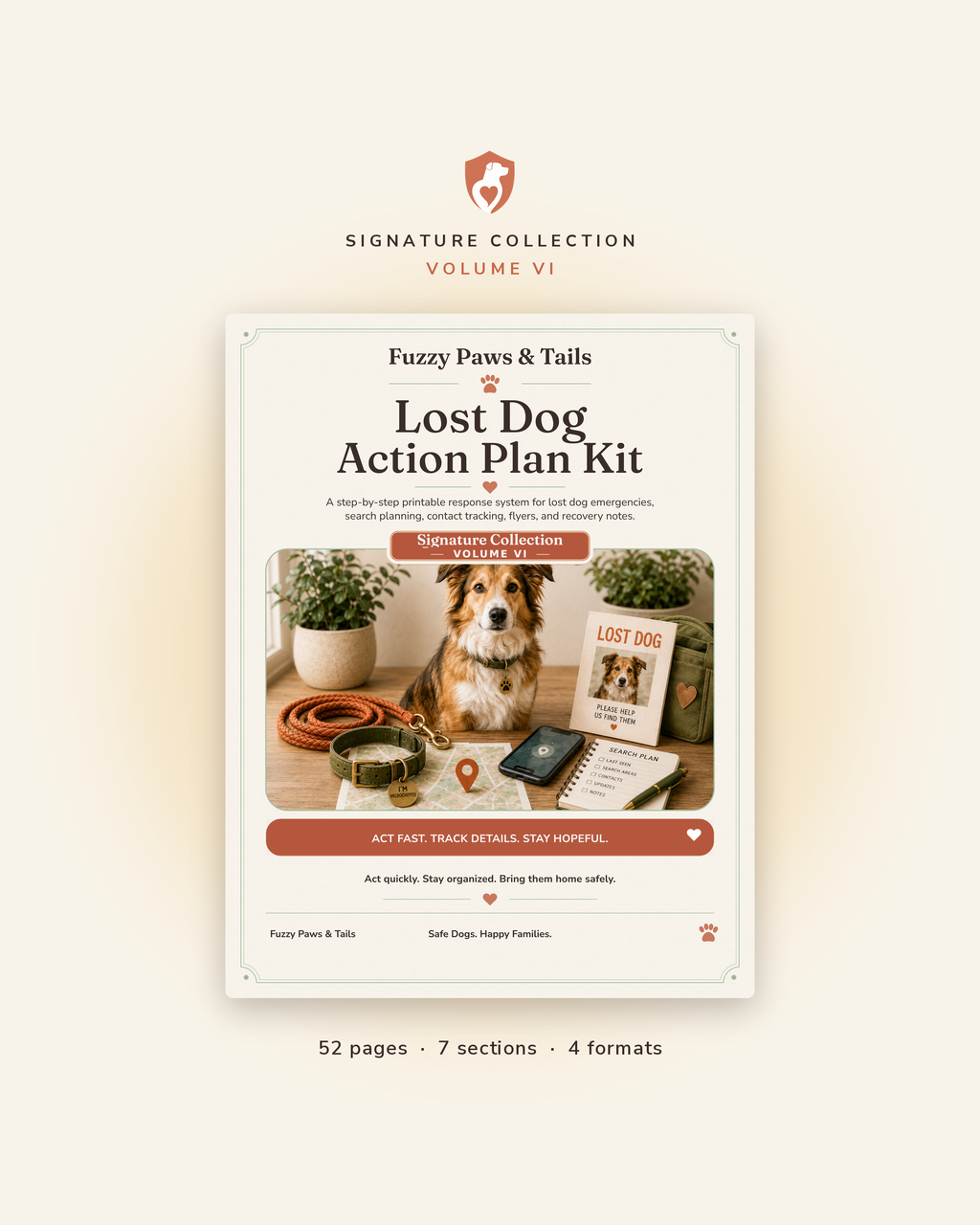 Lost Dog Action Plan Kit printable cover — Volume VI, 52-page fillable PDF lost dog binder