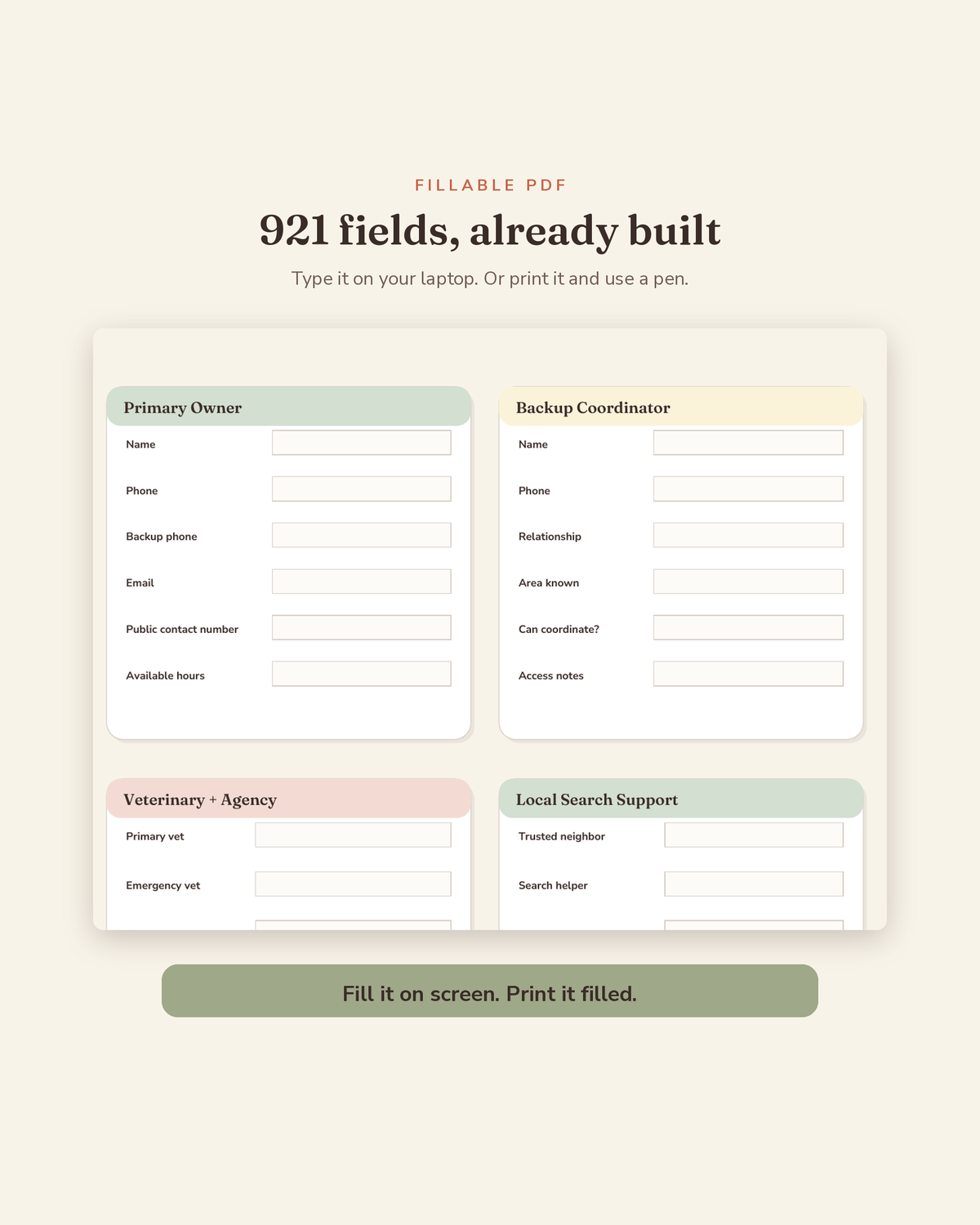 Lost Dog Action Plan Kit fillable fields preview — 921 type-in fields across this printable lost dog binder