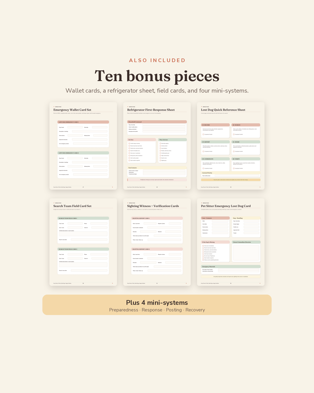 Lost Dog Action Plan Kit bonus suite — 6 printable bonus sheets plus 4 mini-systems included with this lost dog binder