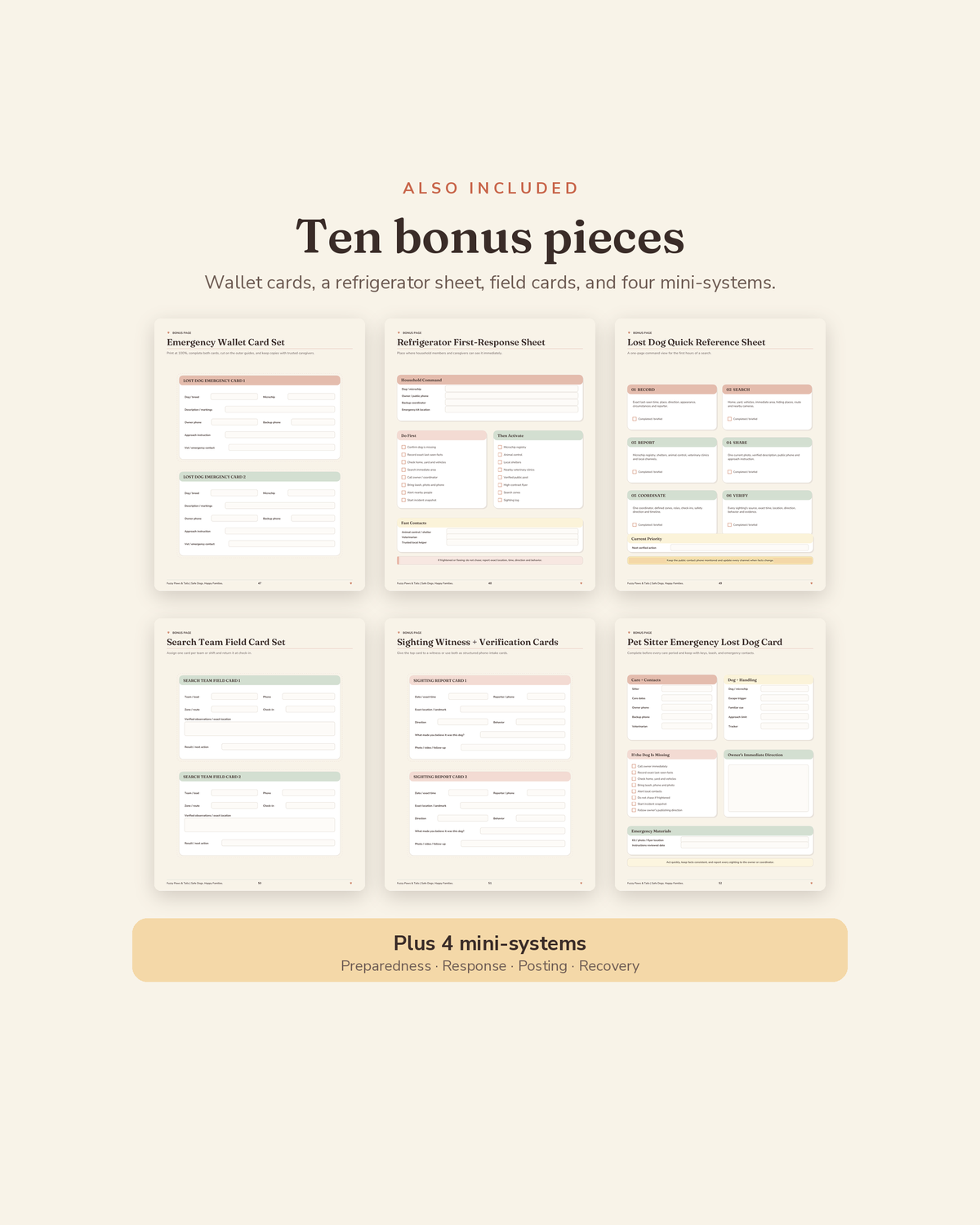 Lost Dog Action Plan Kit bonus suite — 6 printable bonus sheets plus 4 mini-systems included with this lost dog binder