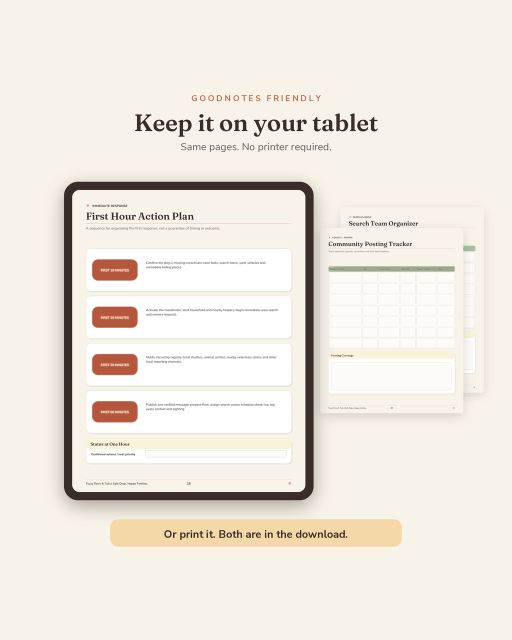 Lost Dog Action Plan Kit open on a tablet in GoodNotes — digital fillable version of this printable lost dog binder