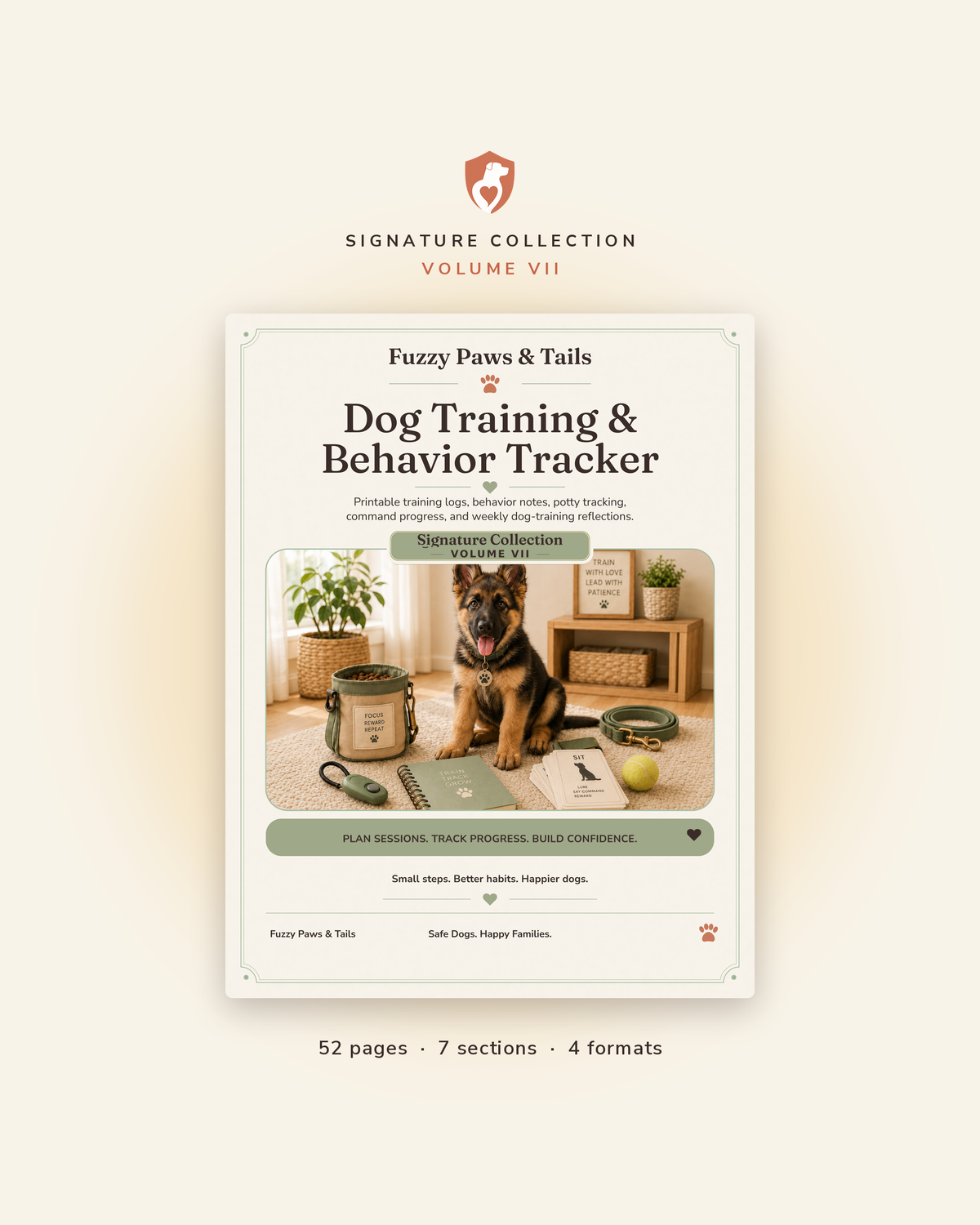 Dog Training & Behavior Tracker printable cover — Volume VII, 52-page fillable PDF dog training tracker