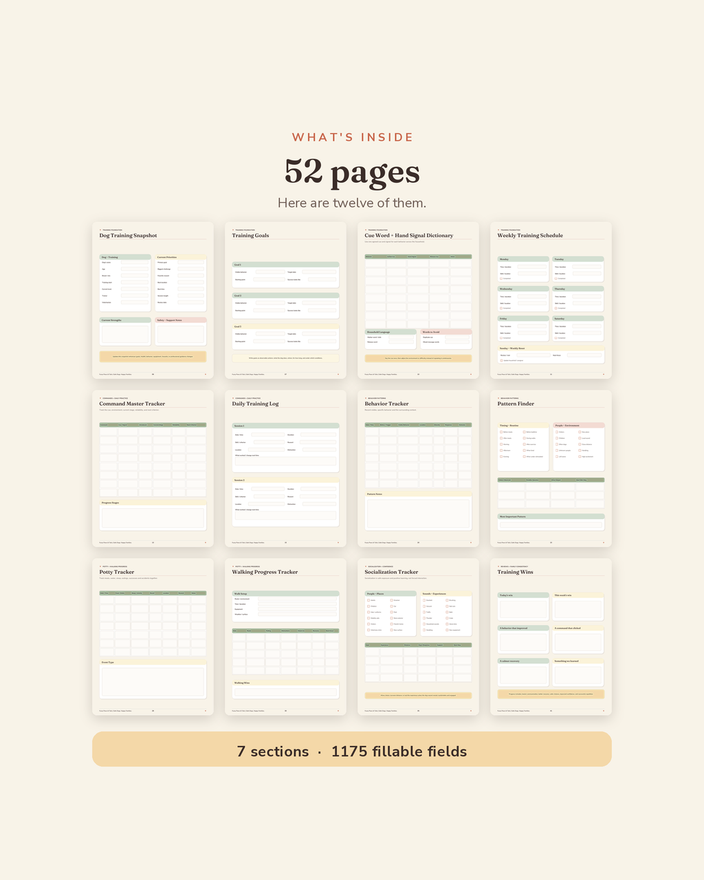 What's inside the Dog Training & Behavior Tracker — 52 printable pages of training command flashcards and behavior progress logs