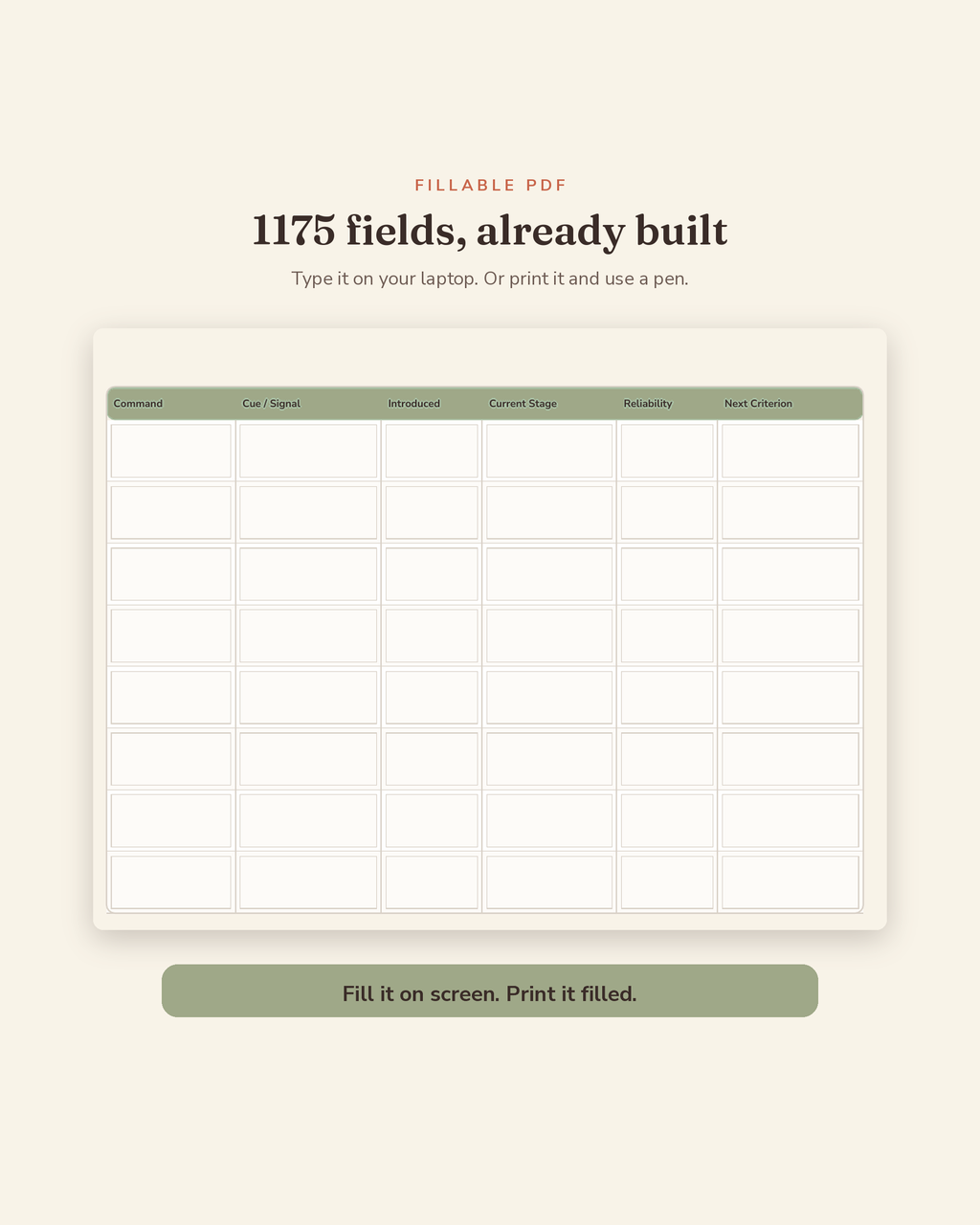Dog Training & Behavior Tracker fillable fields preview — 1,175 type-in fields across this printable dog training tracker