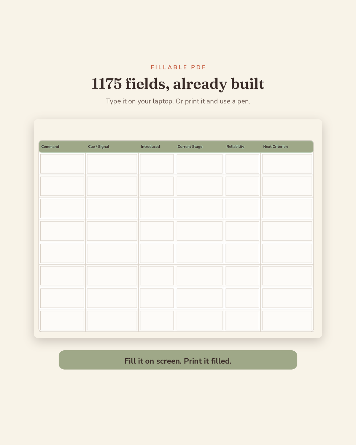 Dog Training & Behavior Tracker fillable fields preview — 1,175 type-in fields across this printable dog training tracker