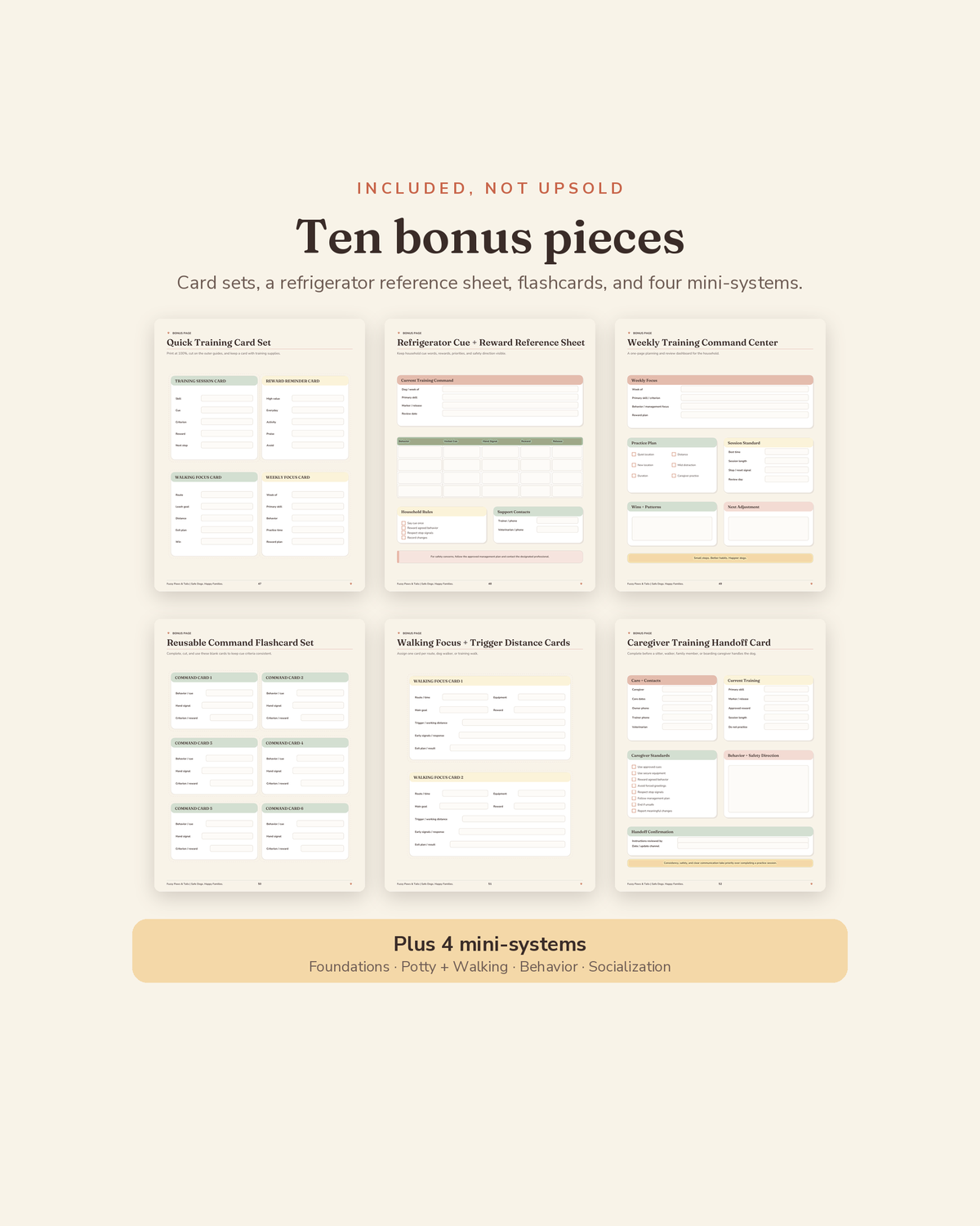 Dog Training & Behavior Tracker bonus suite — 6 printable bonus sheets plus 4 mini-systems included with this dog training tracker