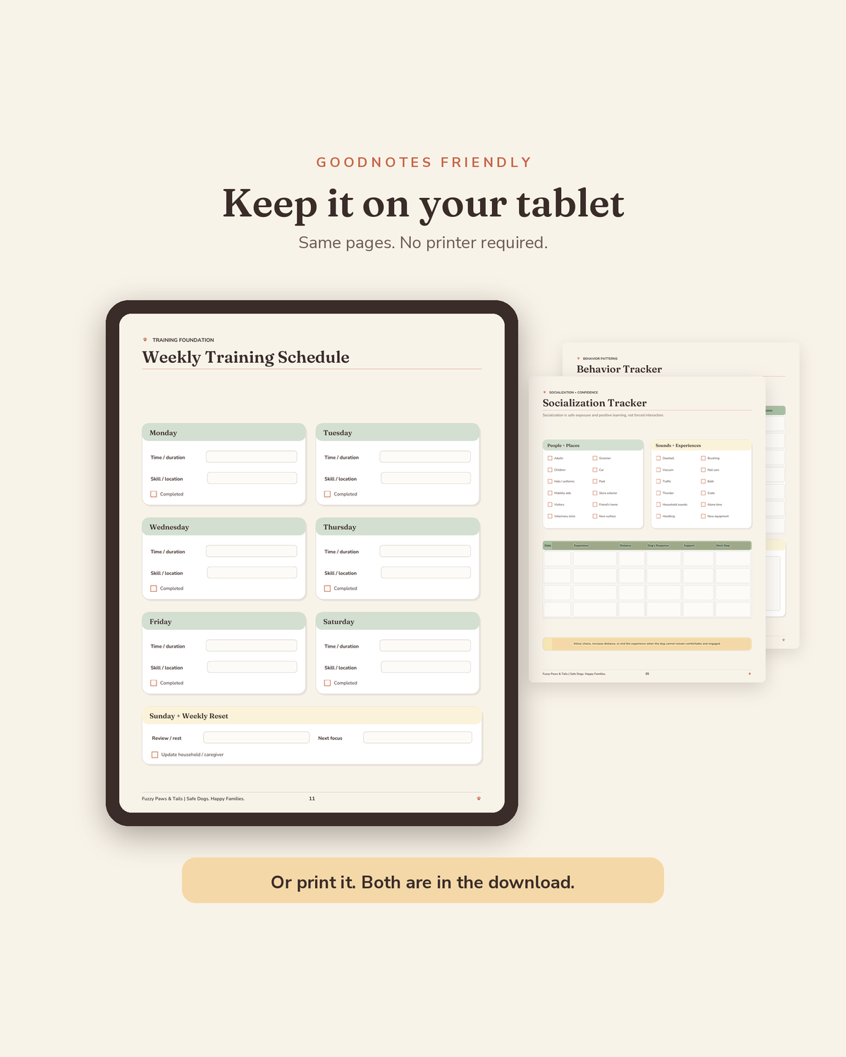 Dog Training & Behavior Tracker open on a tablet in GoodNotes — digital fillable version of this printable dog training tracker