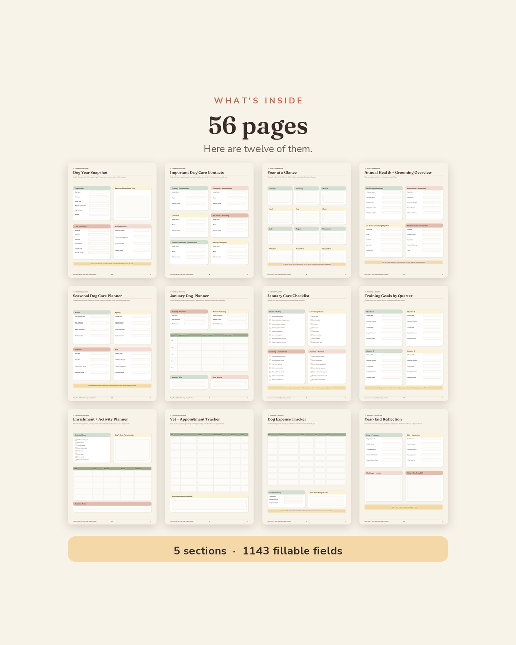 What's inside the Annual Dog Planner — 56 printable pages of monthly reset pages and seasonal dog care sheets
