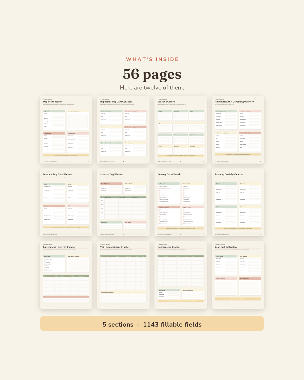 What's inside the Annual Dog Planner — 56 printable pages of monthly reset pages and seasonal dog care sheets