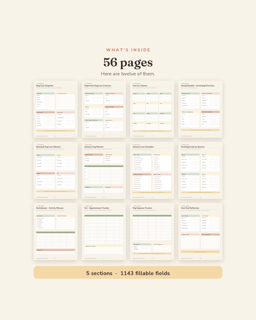 What's inside the Annual Dog Planner — 56 printable pages of monthly reset pages and seasonal dog care sheets