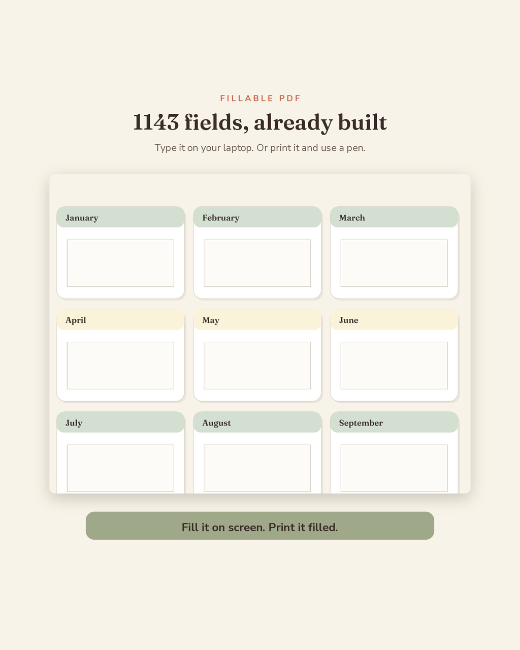 Annual Dog Planner fillable fields preview — 1,143 type-in fields across this printable yearly dog care planner