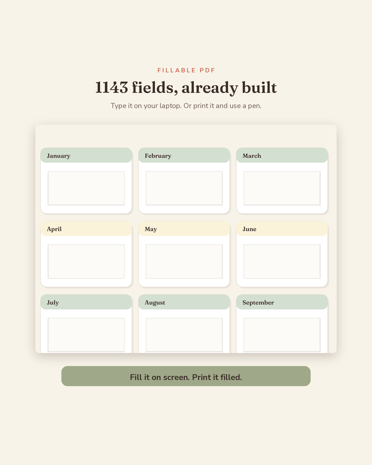 Annual Dog Planner fillable fields preview — 1,143 type-in fields across this printable yearly dog care planner