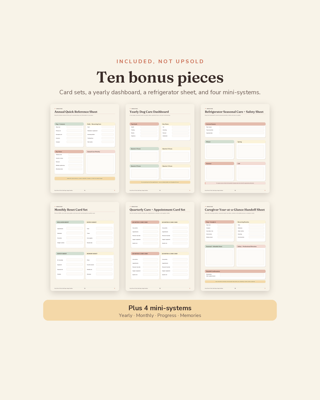 Annual Dog Planner bonus suite — 6 printable bonus sheets plus 4 mini-systems included with this yearly dog care planner