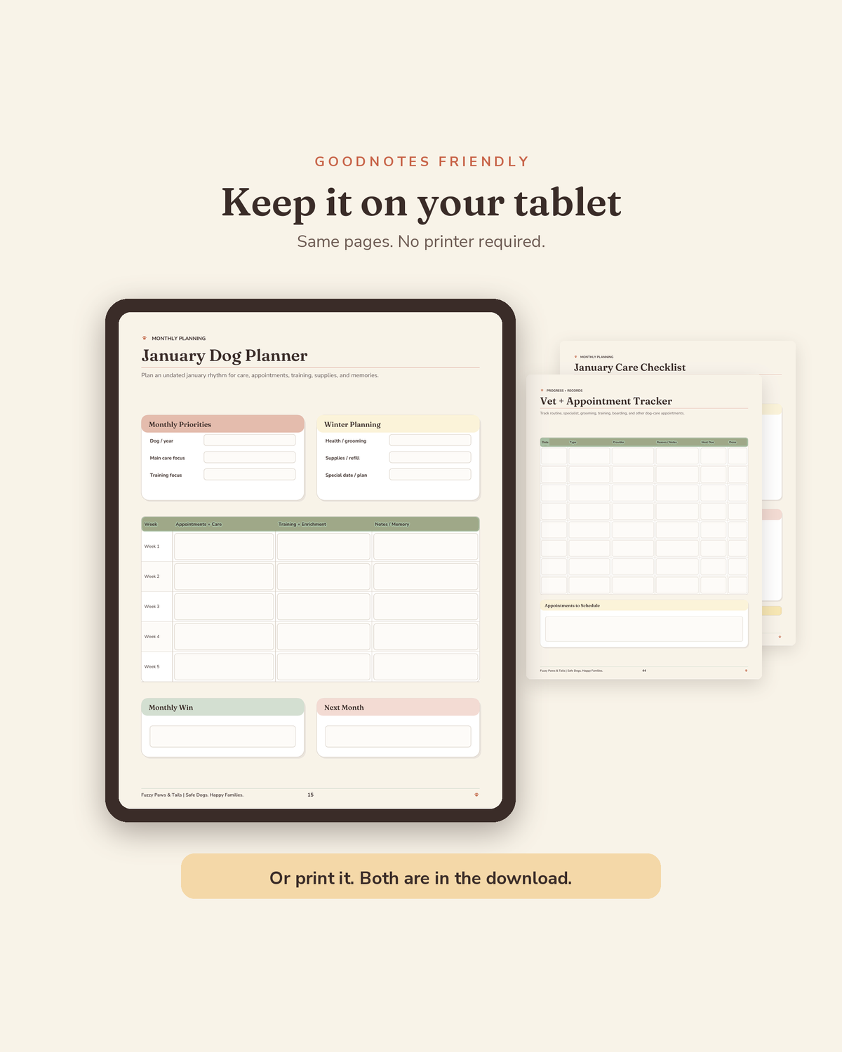 Annual Dog Planner open on a tablet in GoodNotes — digital fillable version of this printable yearly dog care planner