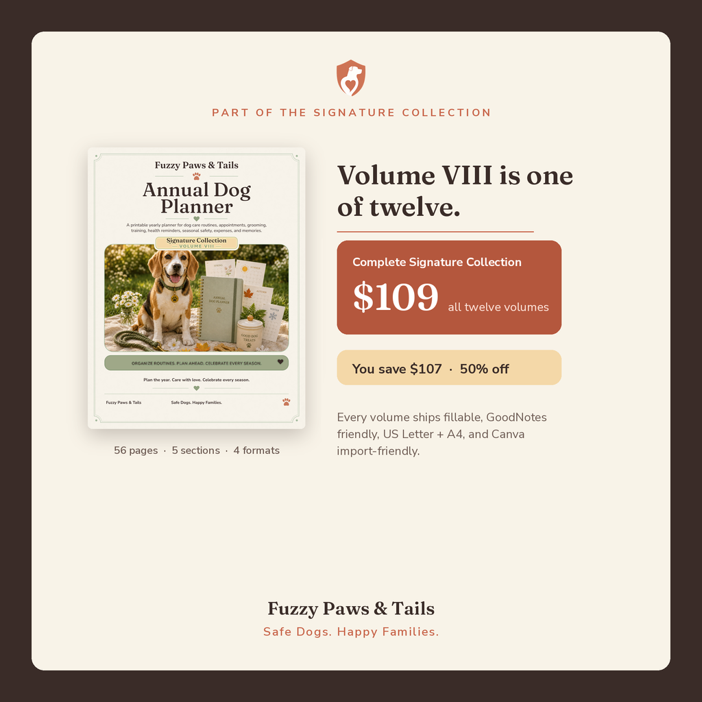Annual Dog Planner shown with the full Signature Collection of twelve dog care printable binders