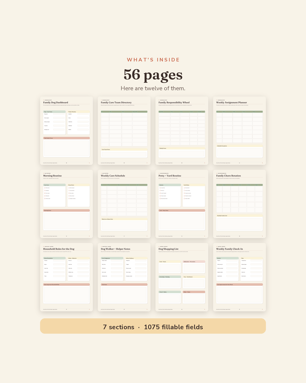 What's inside the Family Dog Command Center — 56 printable pages of household chore cards and daily dog care logs