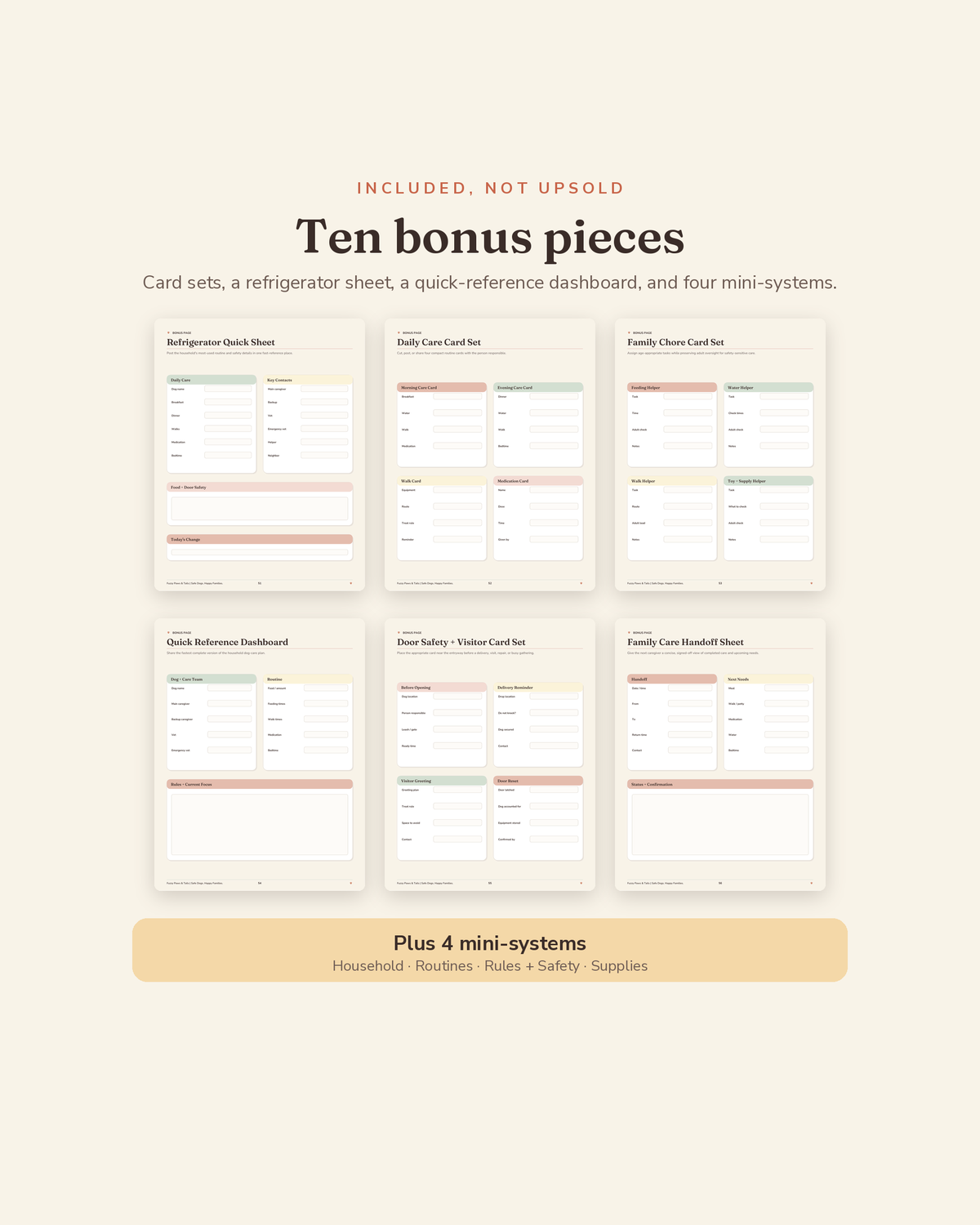 Family Dog Command Center bonus suite — 6 printable bonus sheets plus 4 mini-systems included with this family dog organizer