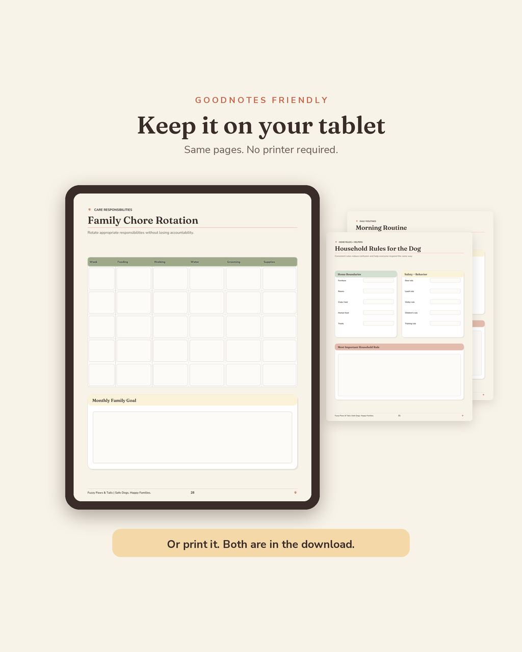 Family Dog Command Center open on a tablet in GoodNotes — digital fillable version of this printable family dog organizer