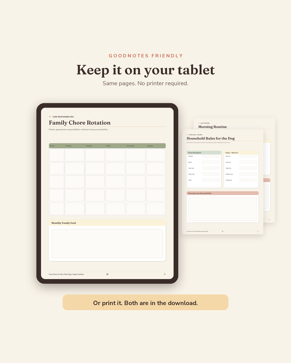 Family Dog Command Center open on a tablet in GoodNotes — digital fillable version of this printable family dog organizer
