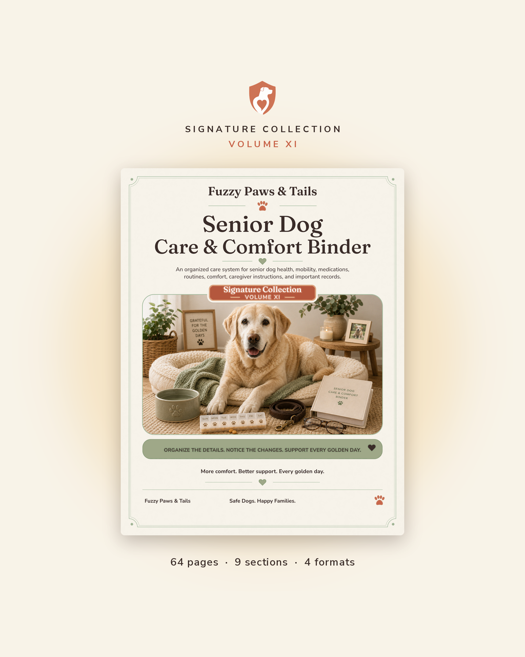 Senior Dog Care & Comfort Binder printable cover — Volume XI, 64-page fillable PDF senior dog care binder