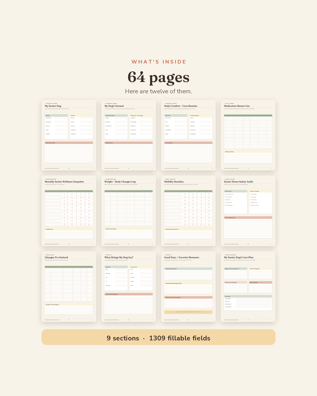 What's inside the Senior Dog Care & Comfort Binder — 64 printable pages of senior mobility and comfort trackers and vet visit records