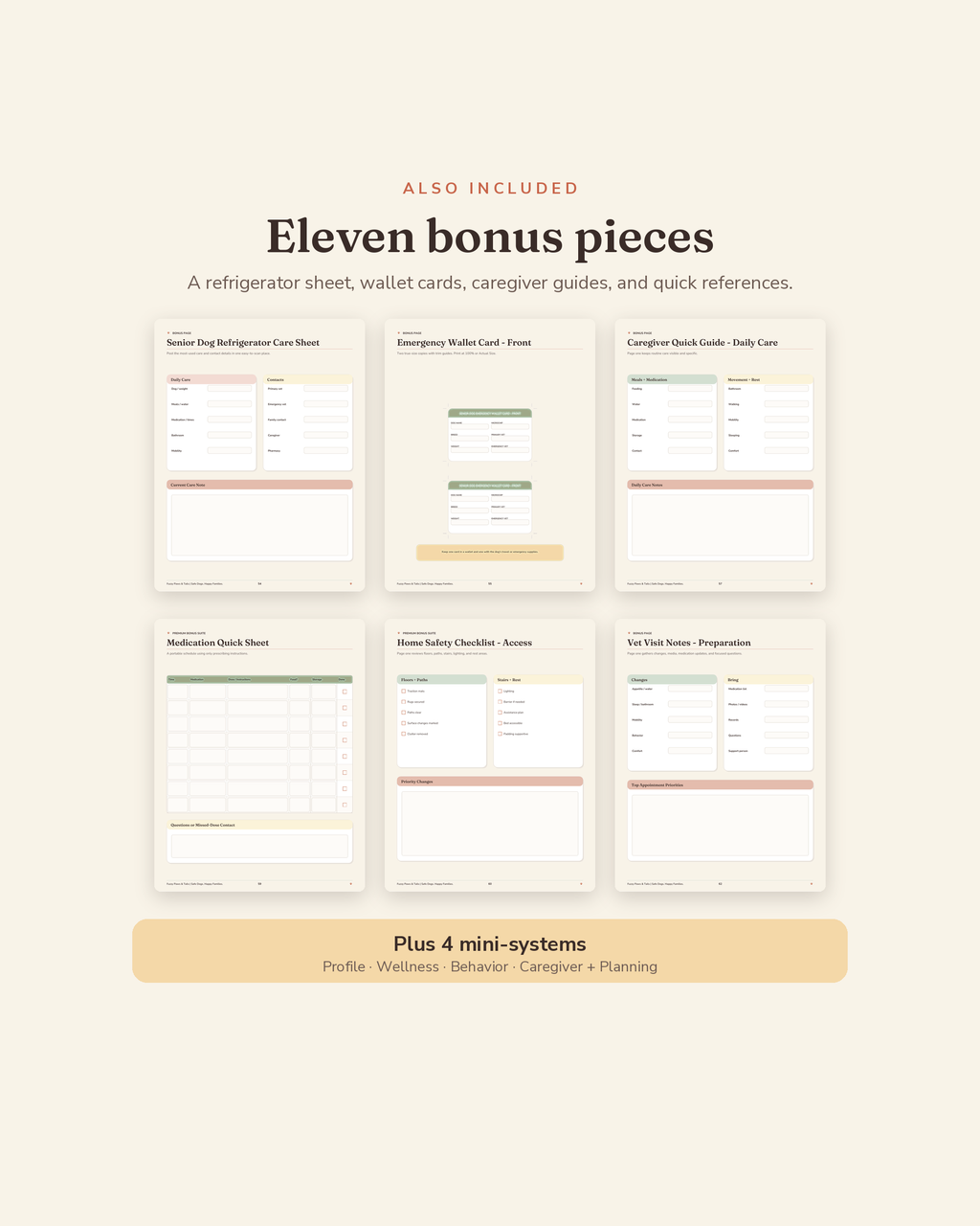 Senior Dog Care & Comfort Binder bonus suite — 7 printable bonus sheets plus 4 mini-systems included with this senior dog care binder