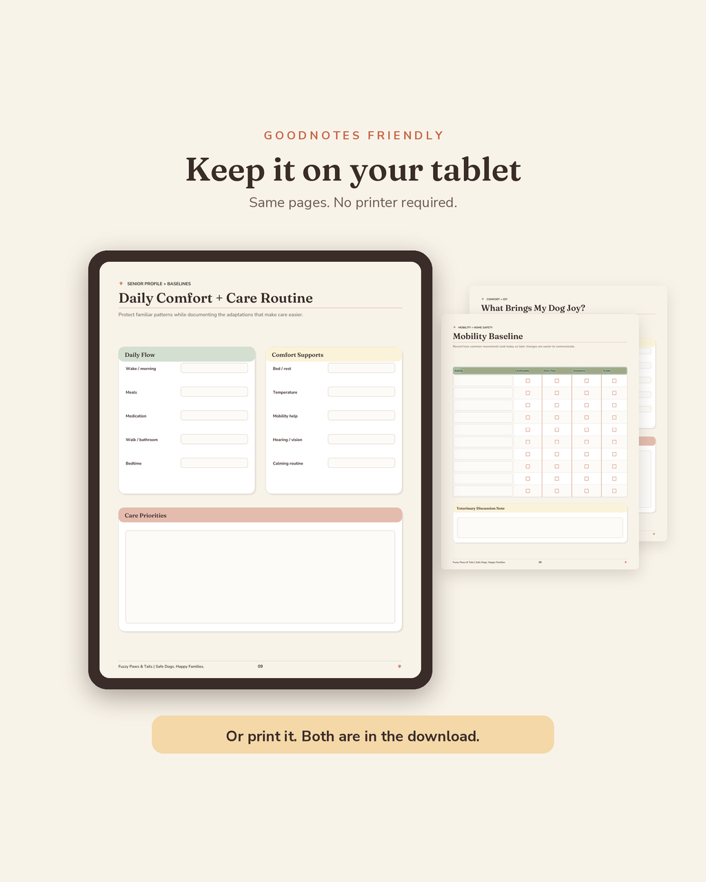 Senior Dog Care & Comfort Binder open on a tablet in GoodNotes — digital fillable version of this printable senior dog care binder