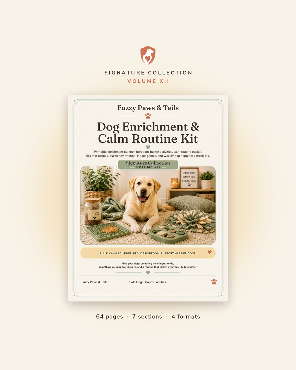 Dog Enrichment & Calm Routine Kit printable cover — Volume XII, 64-page fillable PDF dog enrichment planner