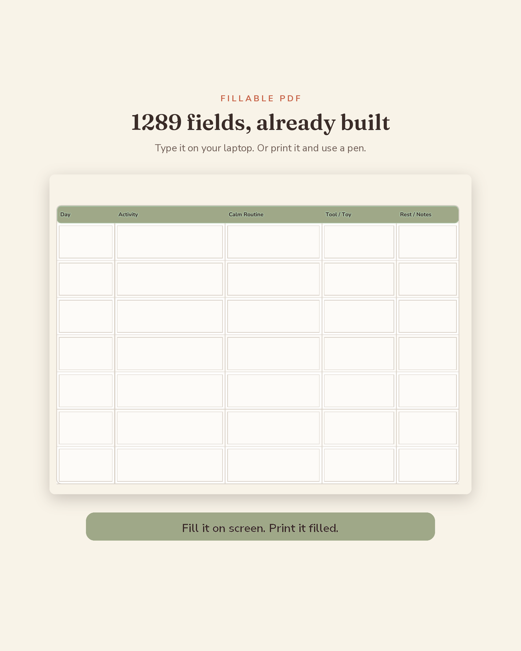 Dog Enrichment & Calm Routine Kit fillable fields preview — 1,289 type-in fields across this printable dog enrichment planner