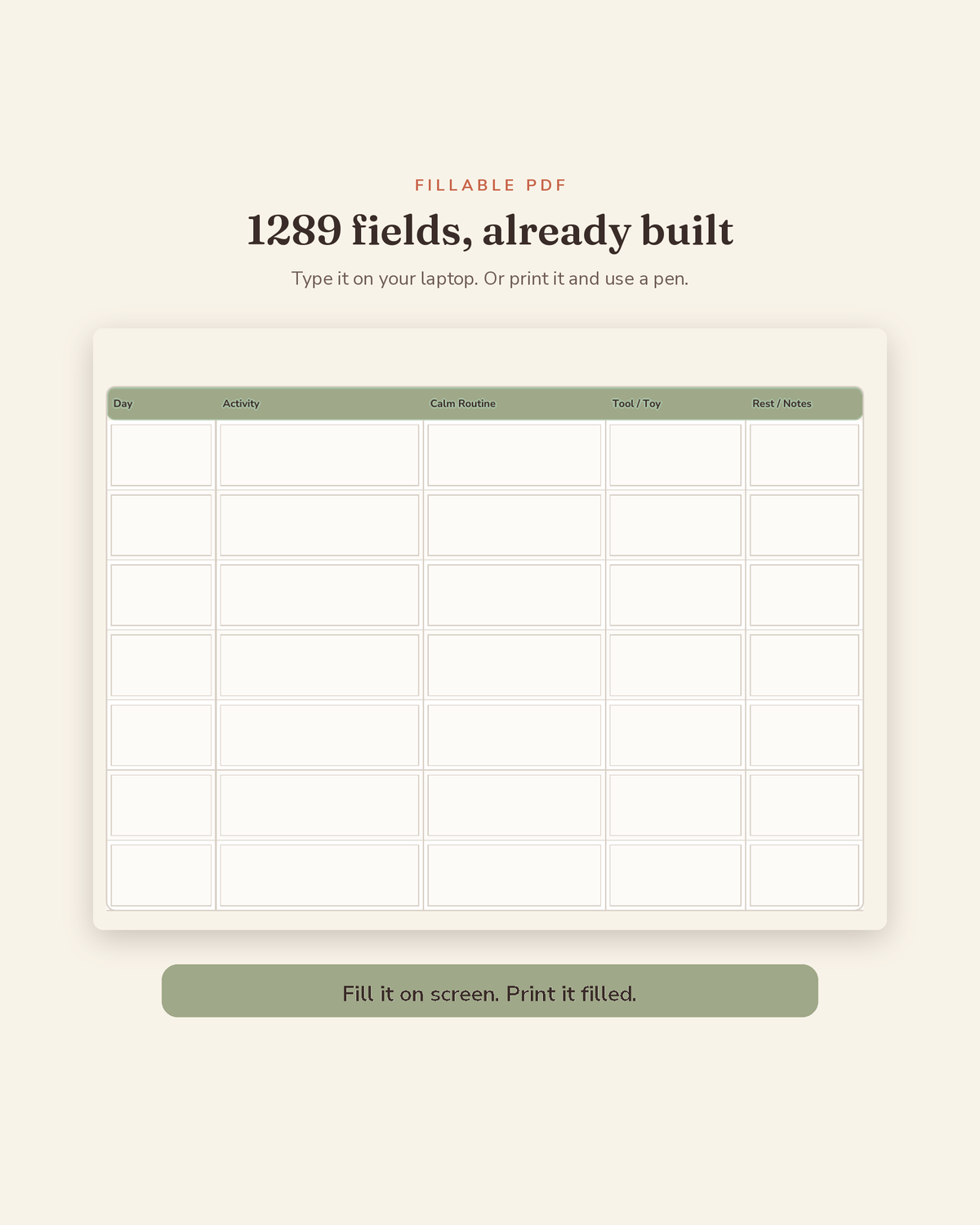 Dog Enrichment & Calm Routine Kit fillable fields preview — 1,289 type-in fields across this printable dog enrichment planner