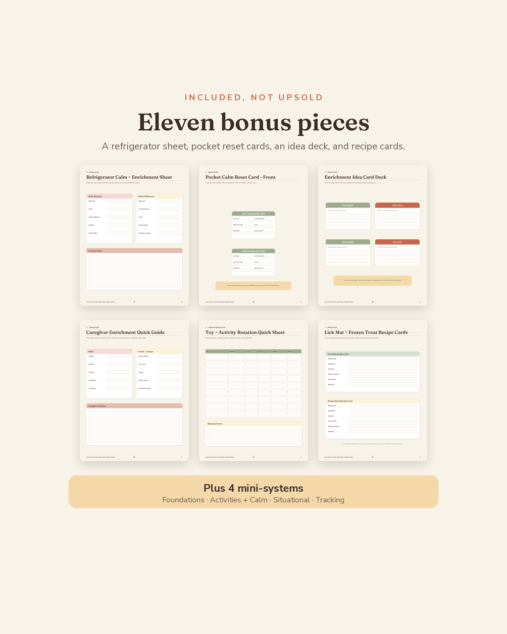 Dog Enrichment & Calm Routine Kit bonus suite — 7 printable bonus sheets plus 4 mini-systems included with this dog enrichment planner