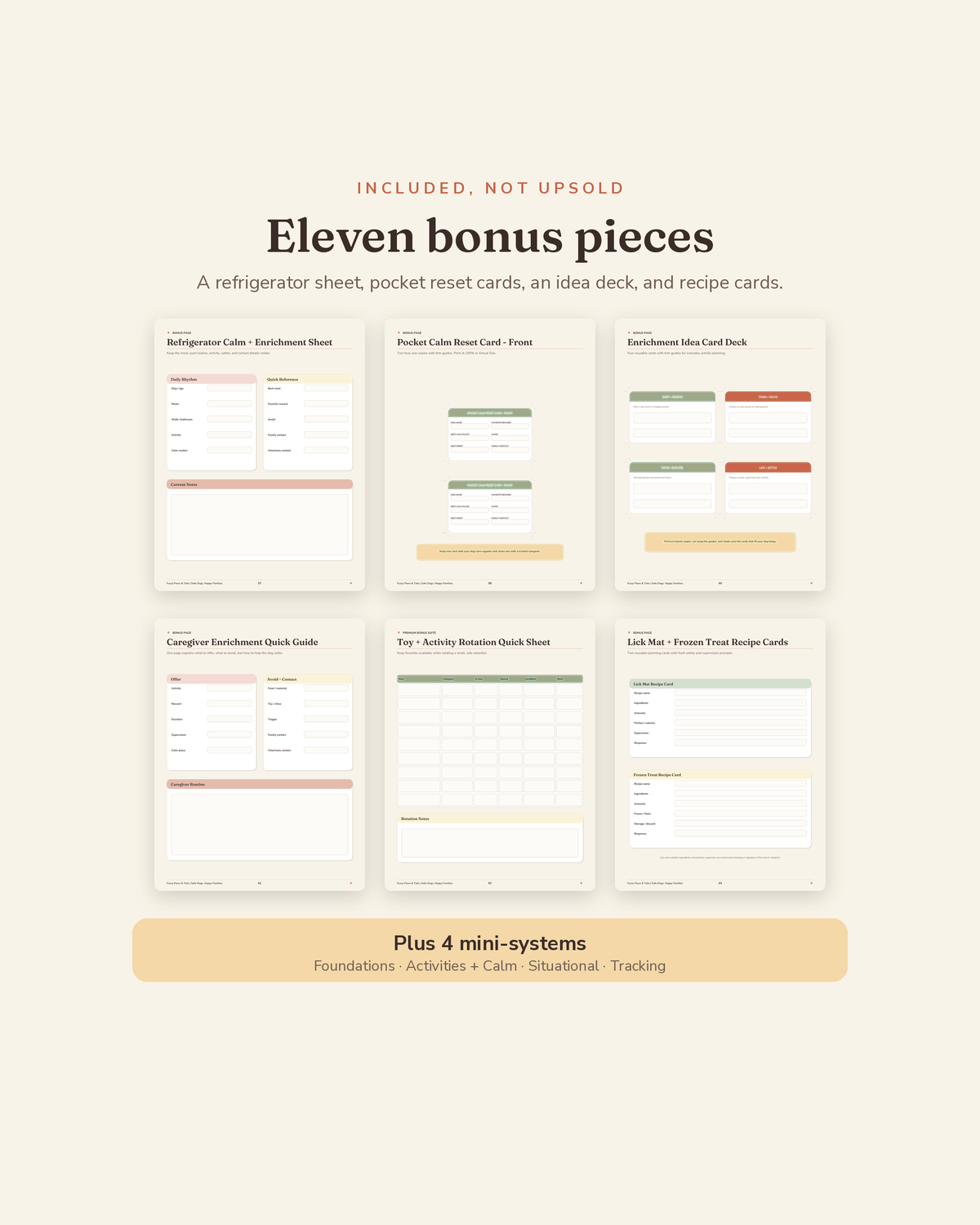 Dog Enrichment & Calm Routine Kit bonus suite — 7 printable bonus sheets plus 4 mini-systems included with this dog enrichment planner
