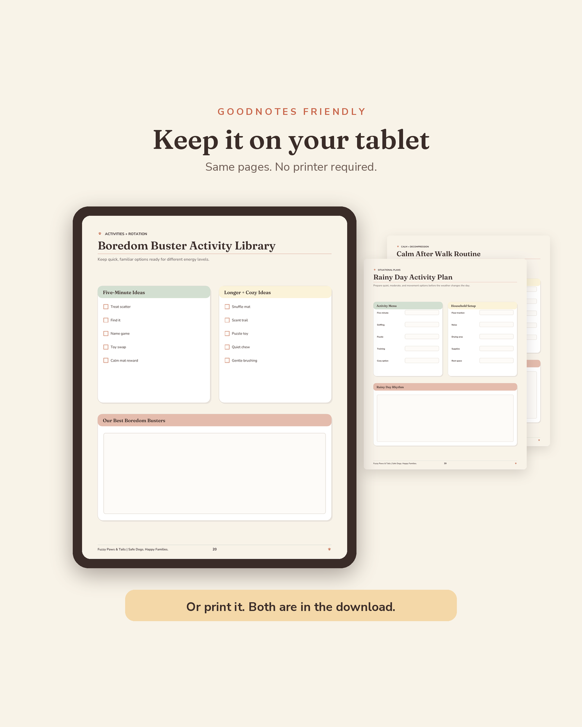 Dog Enrichment & Calm Routine Kit open on a tablet in GoodNotes — digital fillable version of this printable dog enrichment planner